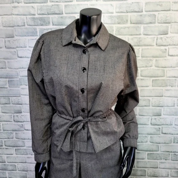 Vintage Ralph Creation W.Germany Skirt Set‎ Gray Pinstripe Belted Peplum Blouse - Picture 3 of 13